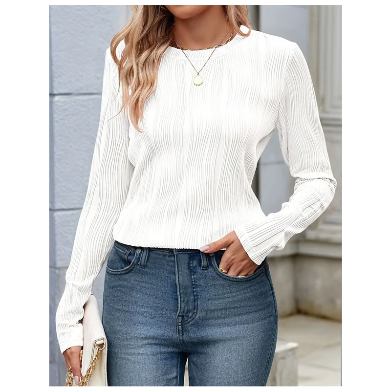 เสื้อยืดแขนยาว AG สำหรับผู้หญิง สไตล์ลำลอง คอกลม ผ้าถักลายริบ เสื้อเบลาส์ทันสมัยสำหรับฤดูใบไม้ร่วง