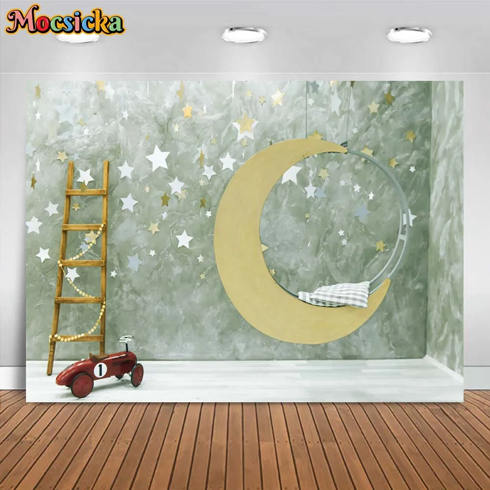 

Mocsicka Newborn Photography Background Suspended Moon Swing and Stars Baby 1st Birthday Photo Backdrop Studio Photo Shoot Props