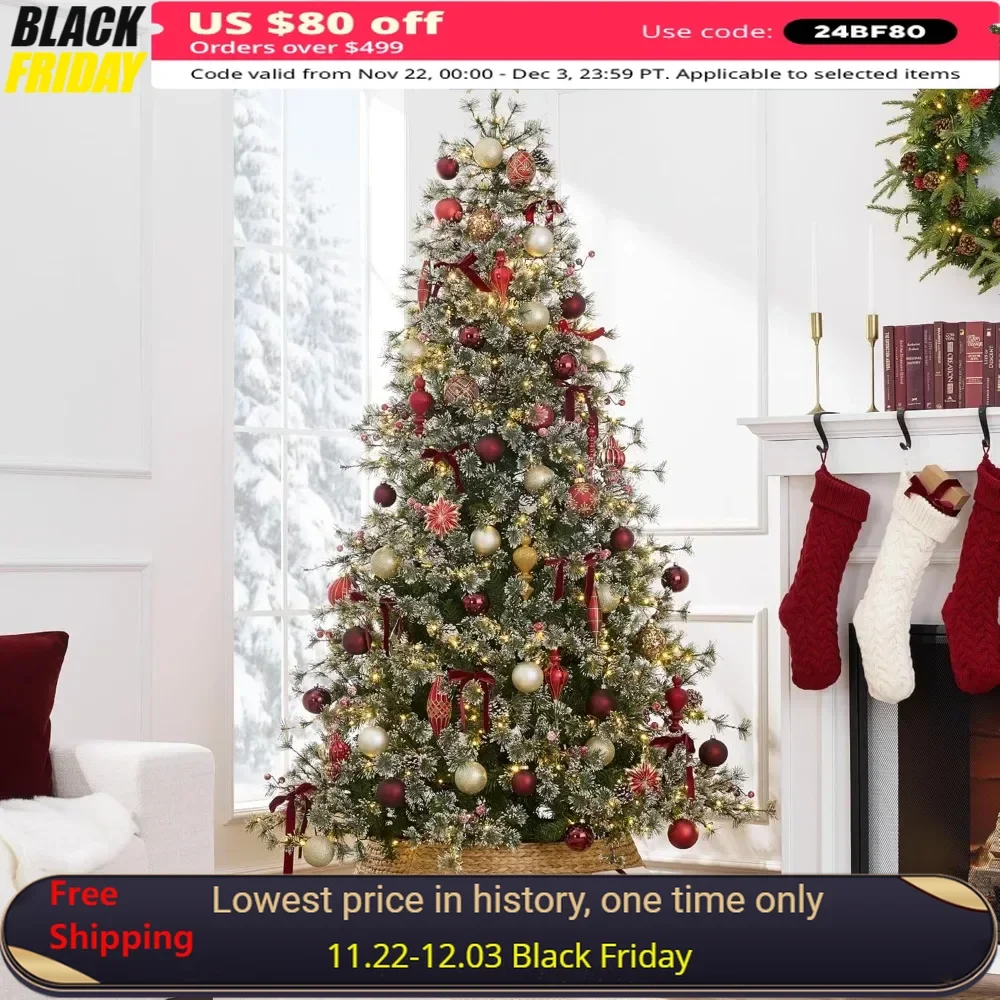 9ft Pre-Lit Cashmere Christmas Tree, Premium Semi-Flocked Artificial Holiday Decor W/Cordless Connection, Large Xmas Tree