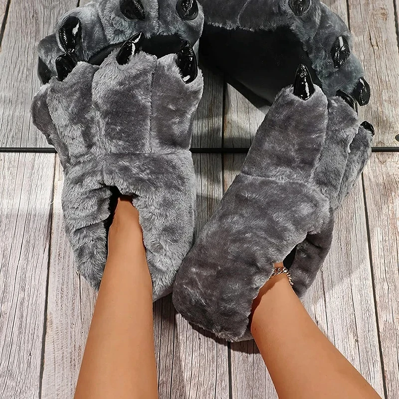 Chunky Slip-on Bear Paw Shoes for Women Beige Fur Slipppers Home Stage Cosplay Animal Claw Slides Bigfoot Sneakers