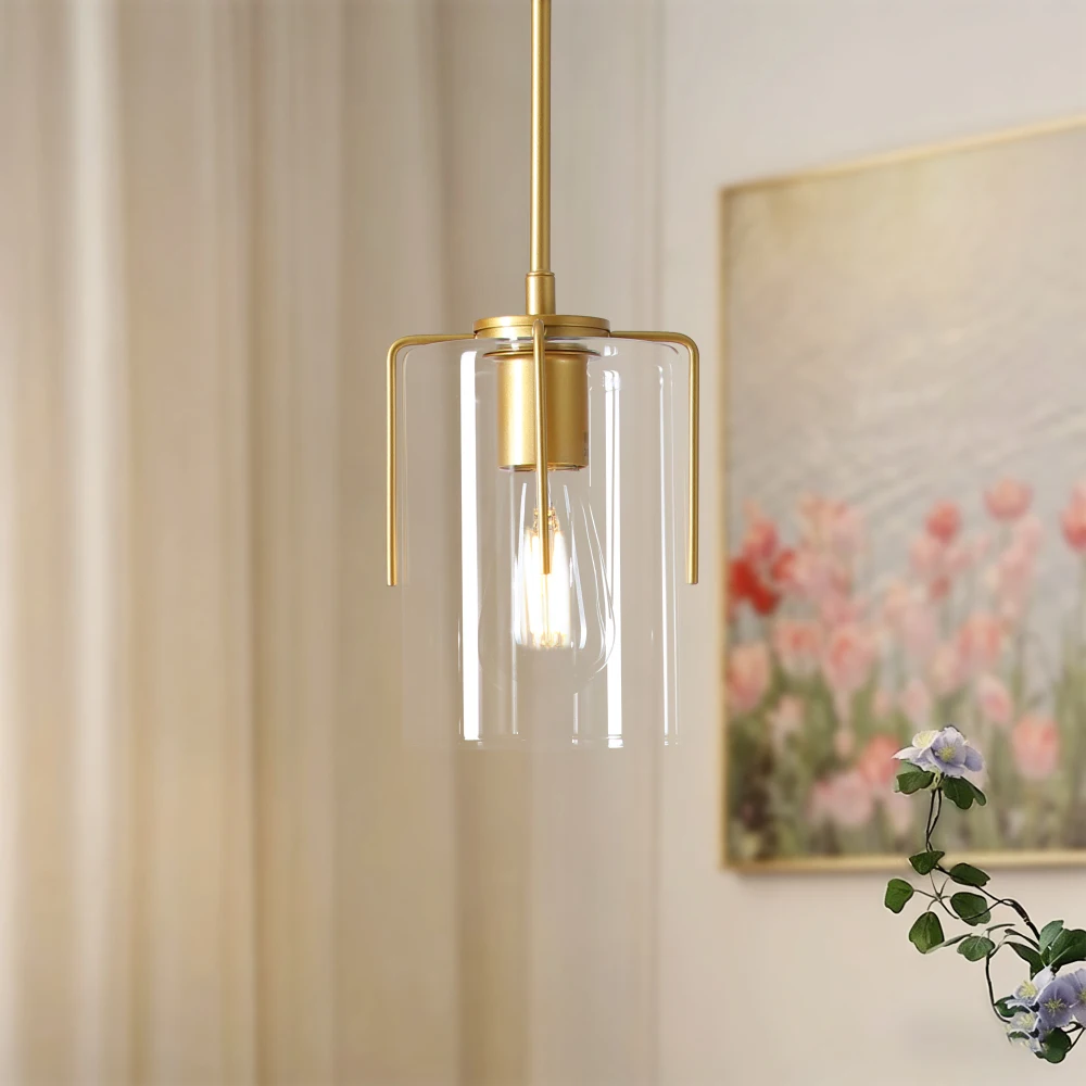 

Farmhouse Gold Pendant Light - 1-Light Clear Glass, Adjustable Modern Hanging Fixture for Kitchen Island, Dining Table & More