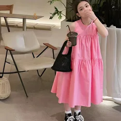 Girls Dresses Korean Children Clothing 2024 Summer New Fashion Cotton Solid Sleeveless O-neck A-line Cute Princess Kids Dress