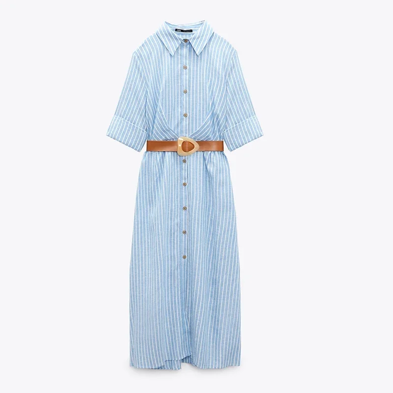 Summer Women Shirt Dress Linen Blend Stripe Print  Pleats Decoration Dress Turn Down Collar Casual Ladies Dress with Belt