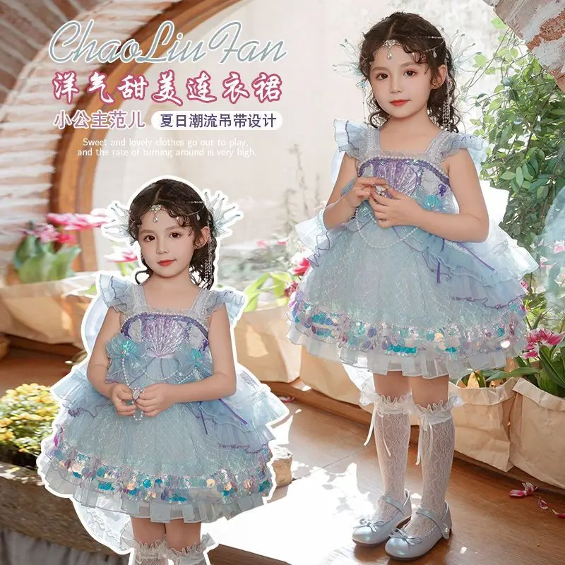 

Summer Backless Lolita Ball Gown Dress Girls Kids Sets Princess Shiny Dress Birthday Party Childrens Gauze Clothing Bow Sundress