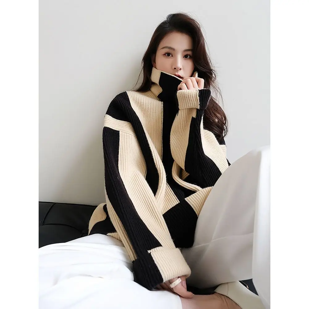 Lazy Style High Neck Pullover Black and White Striped Sweater Women's Jacket Knitted Top Thick