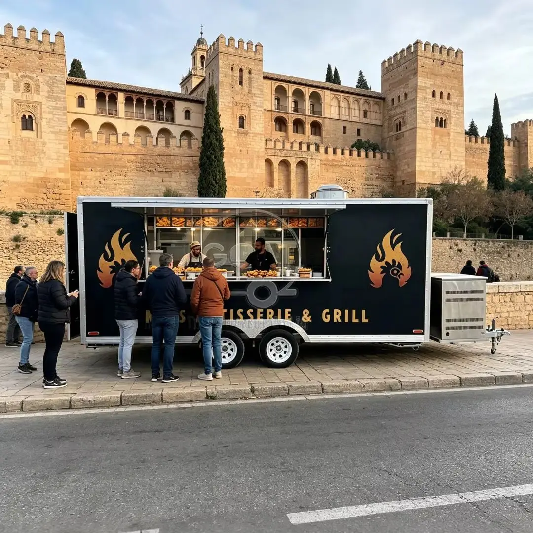 

Commercial Mobile Rotisserie Food Cart with Side Serving Window BBQ Grill Concession Trailer for Outdoor Street Catering