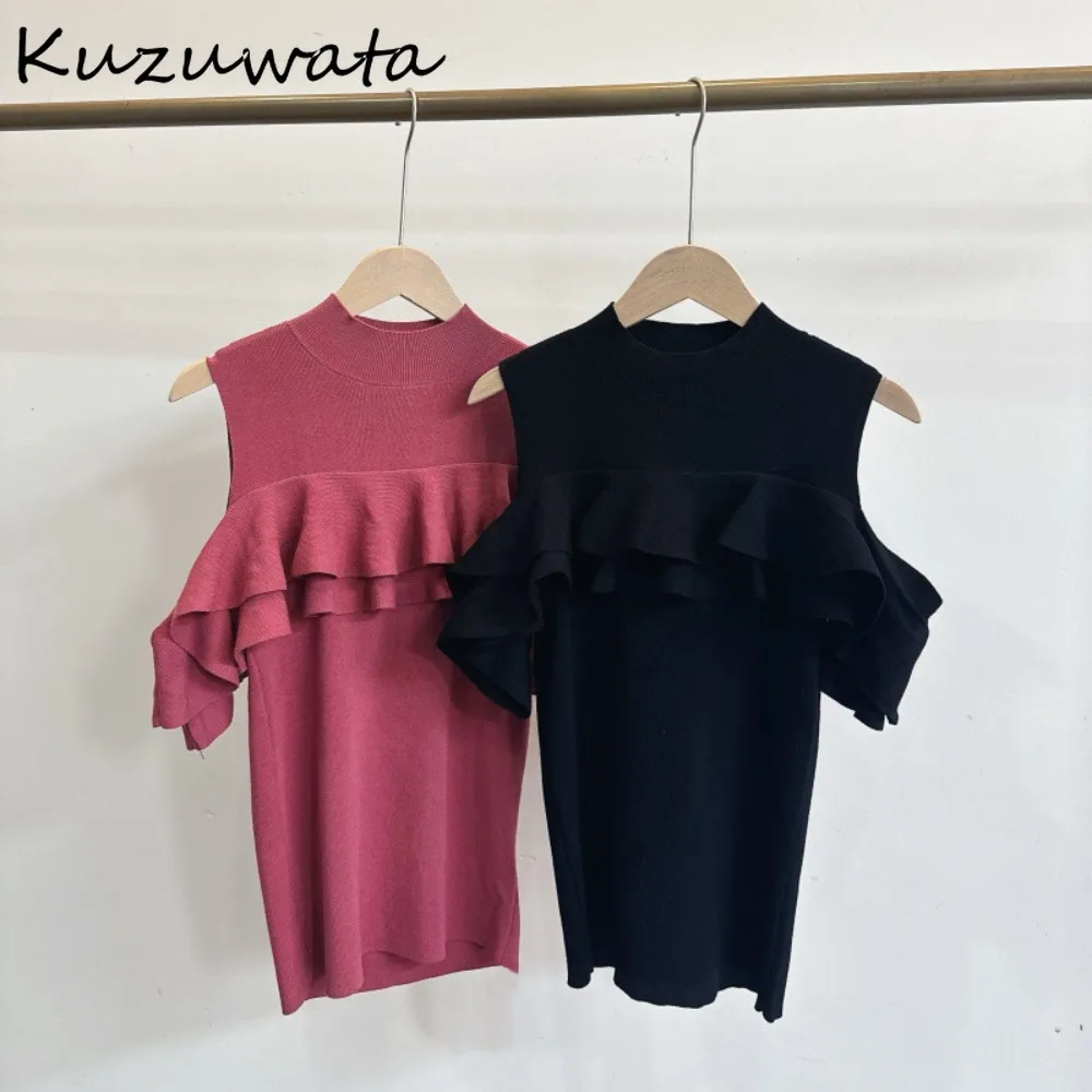 Kuzuwata Casual Half-high Collar Butterfly Sleeve Jumper Sweet Off Shoulder Elegant Pullover Japan Ruffles All-match Knit Tops