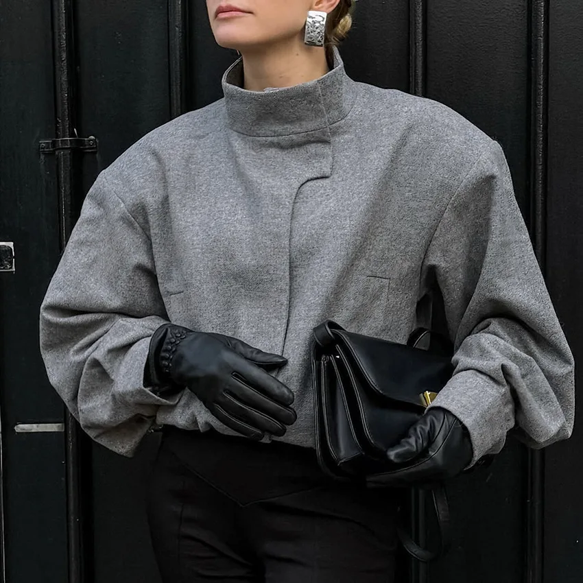 تنوعا رمادي الخريف المرأة معطف الصوف الوقوف طوق متبل زر مطاطا هيم سترة لسيدة نمط غير رسمي الإناث السترة