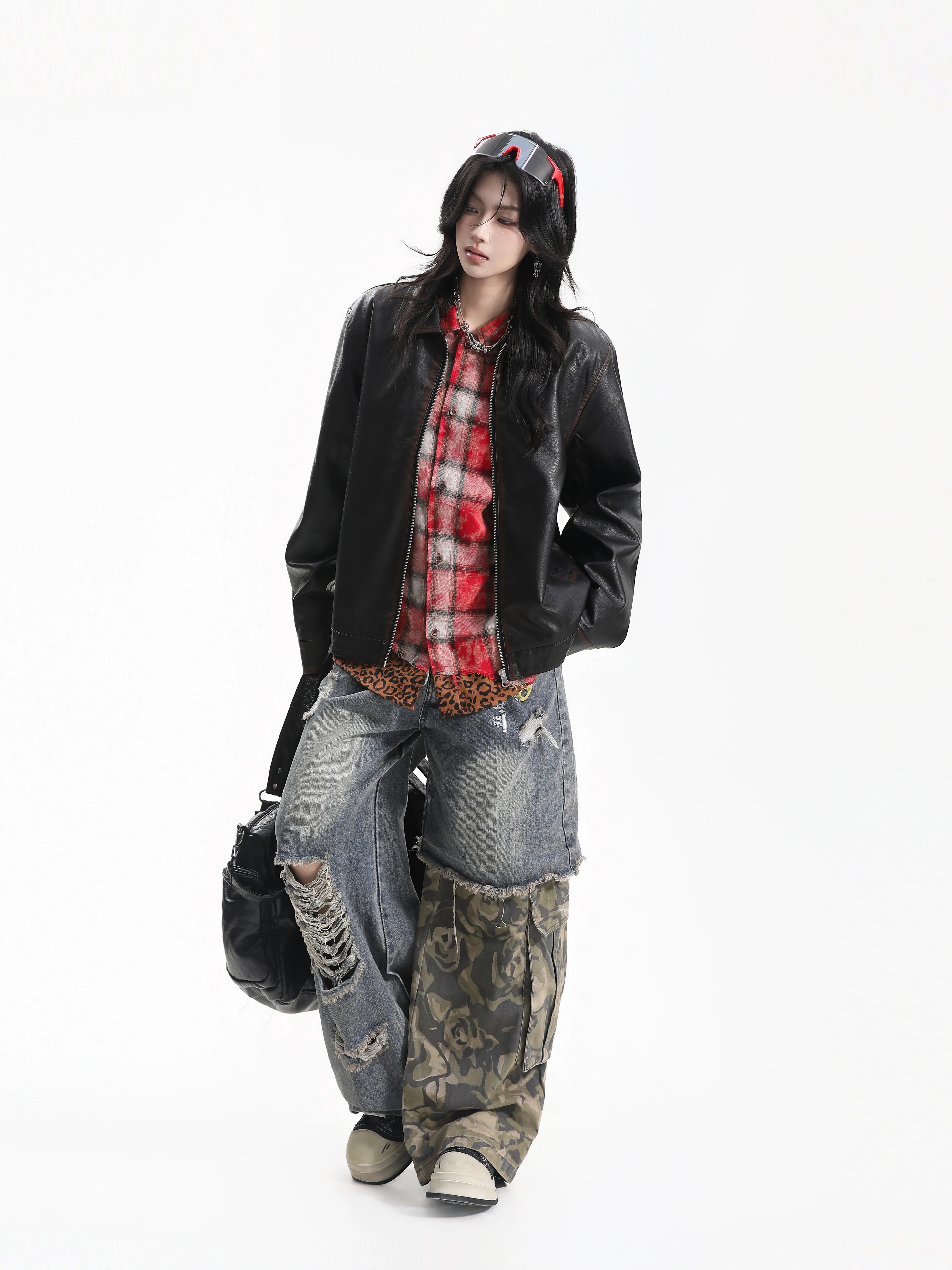 Retro American Biker Leather Jacket Women Loose Color Block Vintage Street Lazy Couples Coat PU Cotton Mixed Long Sleeve Zipper