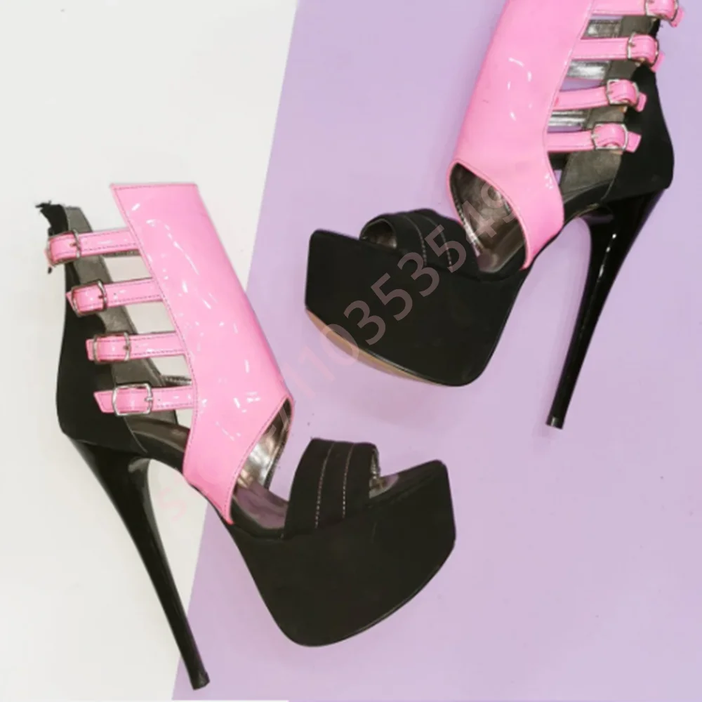 Mixed Color Platform Sexy Ladies Stilettos 2025 Summer New Open Hollow Belt Buckle Model Catwalk Sandal Fashion Party Sandals