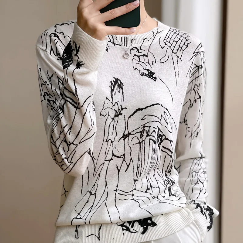 Graffiti Printing Worsted Thin Wool Short-Sleeved T-Shirt Fashion Summer New Women's Loose Vest Knitted Blouse