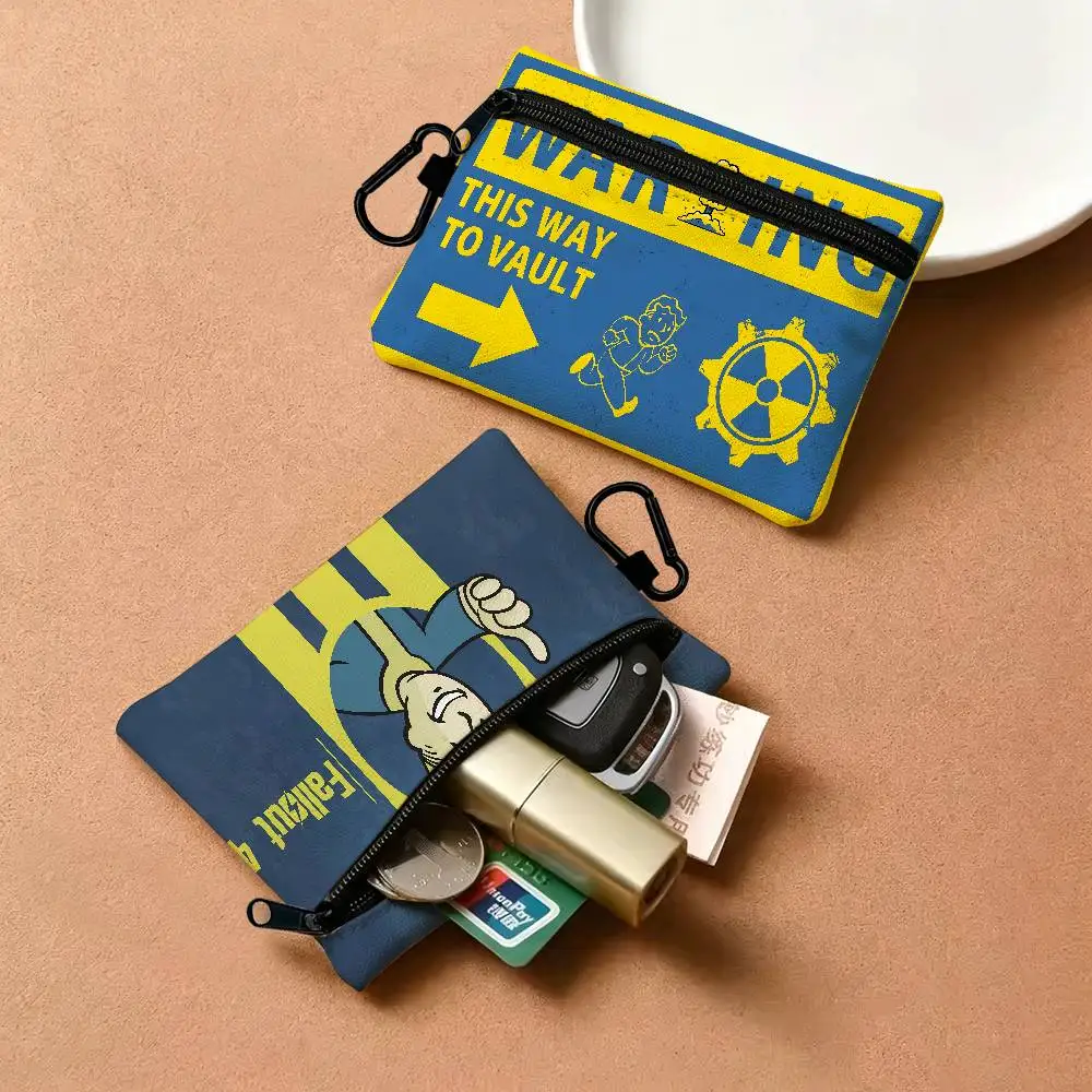 V-Vault-Tec F-Fallout Logo Anti-fade Oxford Cloth Small Zipper Coin Bag Lightweight Hanging Wallet For Coins ID Cards