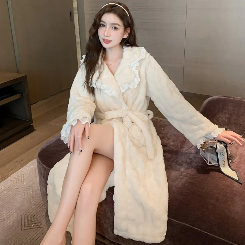 2023 New  Autumn Winter Nightgown Women Sweet Sexy Coral Fleece Thickened Long Pajamas Warm Bathrobe Home Wear