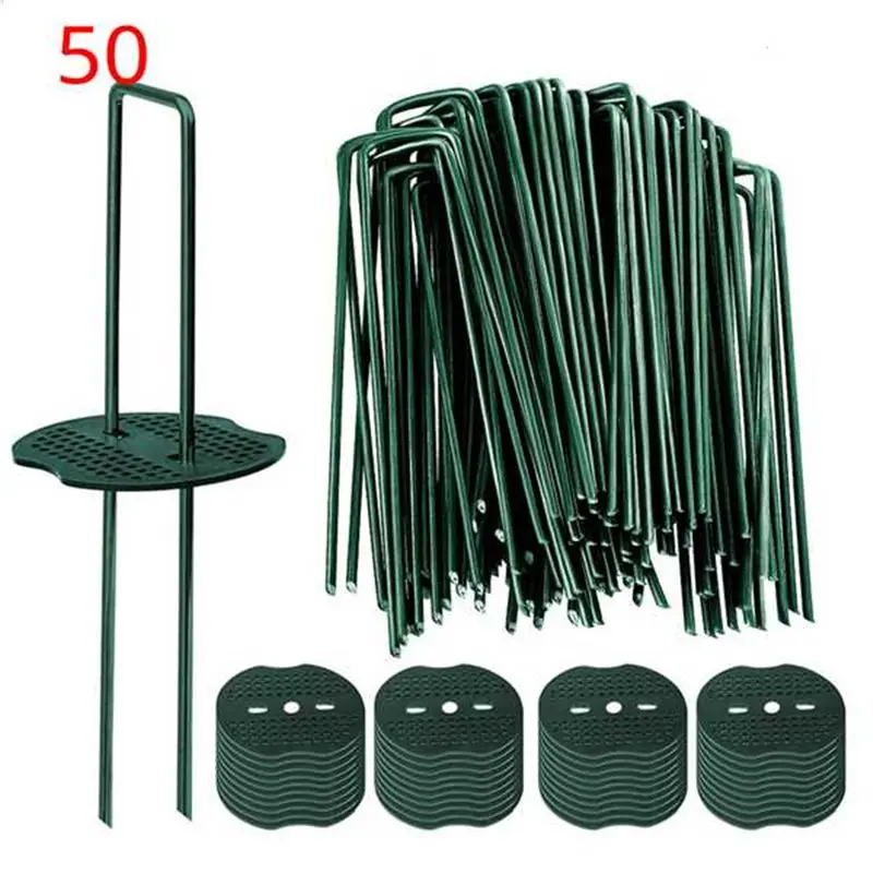 

【LAST CHANCE】Galvanized Lawn Spikes 50Pcs Green Artificial Turf Stakes Staples+ 50Pcs Buffer Washer, Landscape Staples