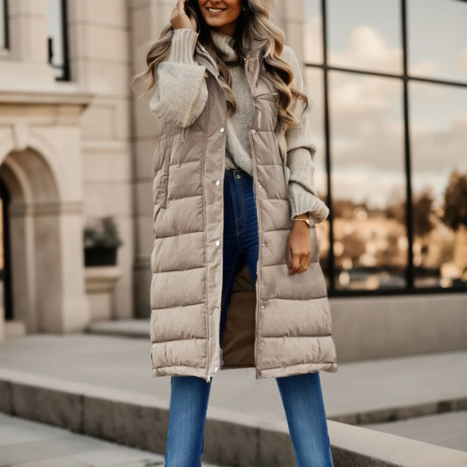 Women'S Winter Sleeveless Coat Vest Long Hooded Down Coat With Pockets Warm Outdoor Parkas Autumn Winter Warm Female Outerwear