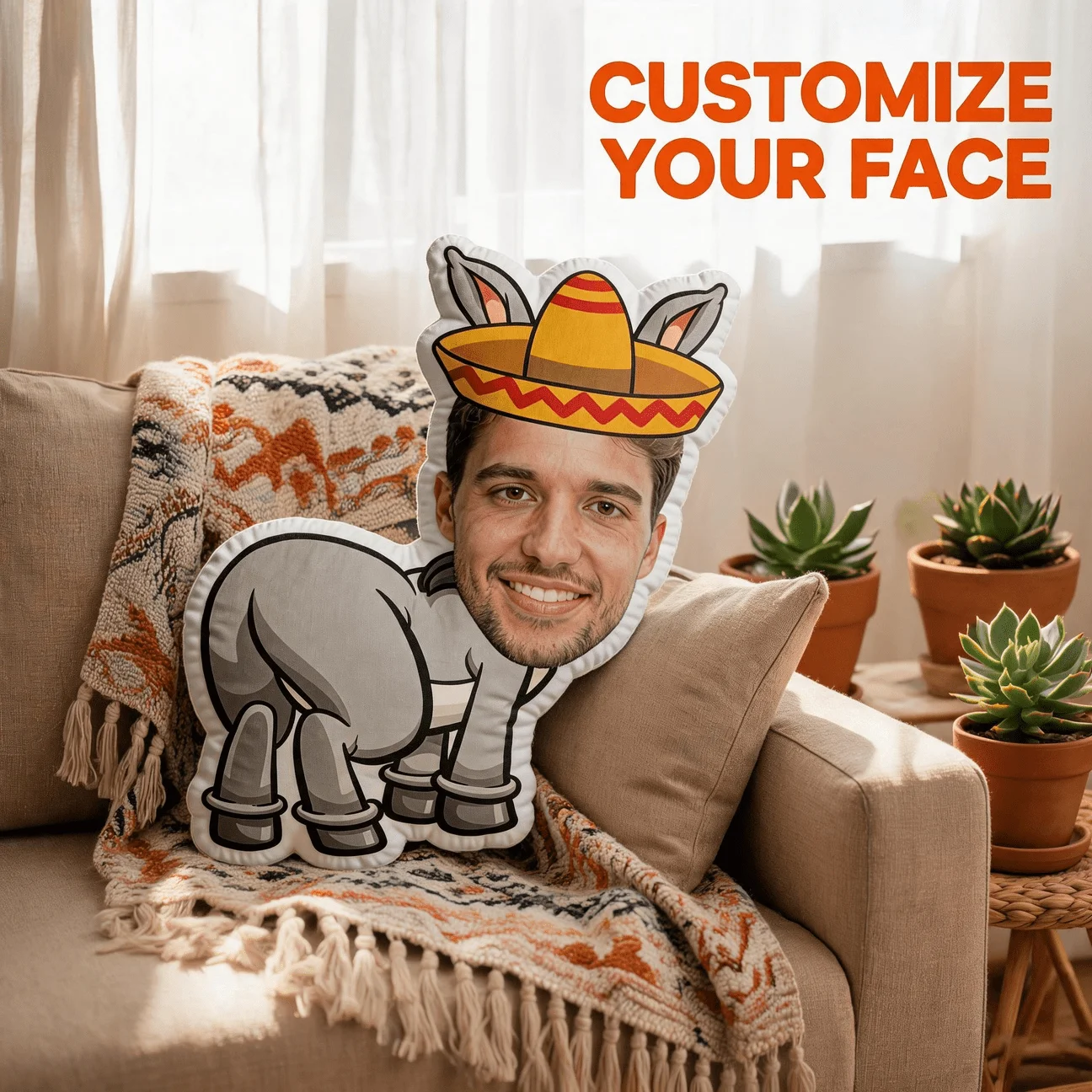 Custom Funny Face-Shaped Pillow, Personalized Photo Donkey Body with Sombrero Hat Decorative Cushion, Novelty Home Decor Accent