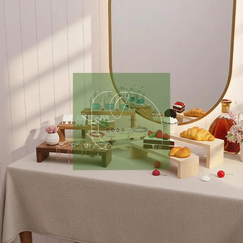 Rectangle Wood Jewelry Display Risers, Wood Shelf Showcase Fixtures Detachable Display Stand For Crafts