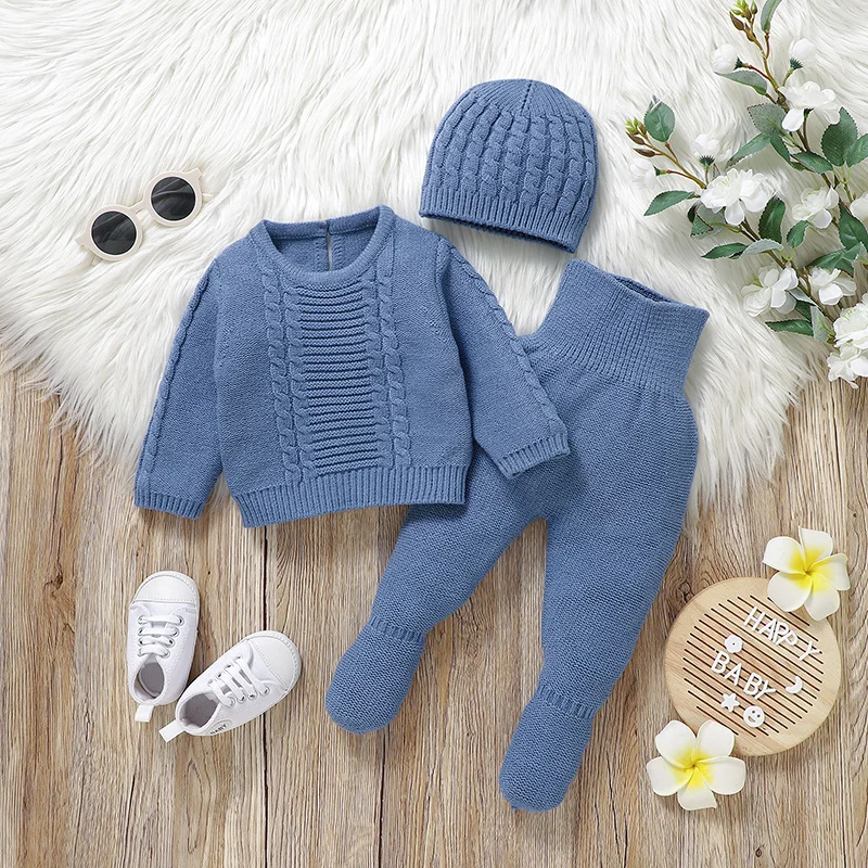 Newborn Baby Clothing Set Knit Infant Boy Sweater +Pants +Hat Long Sleeve Warm Autumn Toddler Pullover Trousers Bonnet 0-9M 3PCS