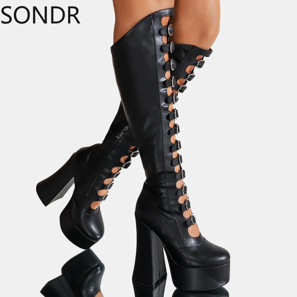 

Womens Platform Belt Buckle Knee Thigh Boots Cut Out Long Super High Heel Retro Shoes Sexy Punk Plus Size