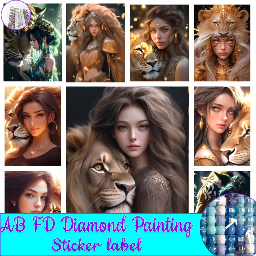 AB FD Diamond Painting Woman Mosaic Lion Diamond Cross Stitch Set Living Room Bedroom Decorative Painting With Sticker Label