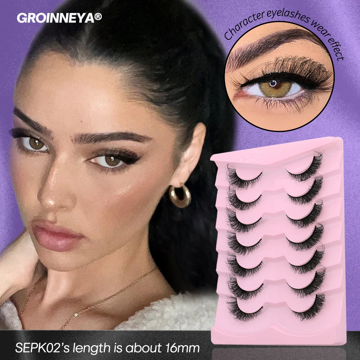 GROINNEYA Cat Eye Lashes Fluffy Volume Mink False Eyelashes Winged End Eye Elongated Eyelashes 3D Mink Lashes Thick Fake Eyelash