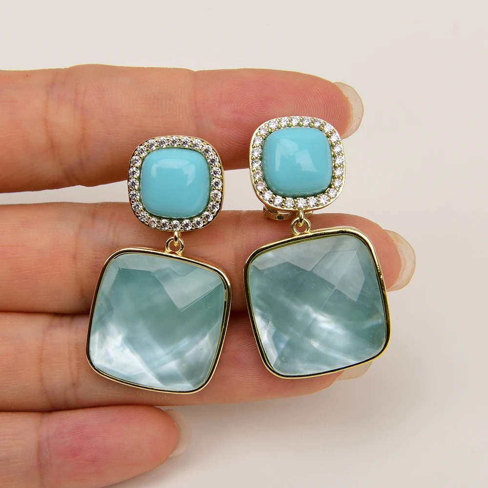 

G-G Natural Square Blue Sea Shell Turquoise CZ Stud Earrings