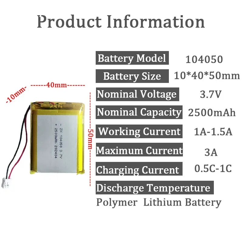 3.7V 2000mAh 804050 Polimerowa bateria litowo-jonowa/litowo-jonowa do modelu samolotu GPS Mp3 Mp4 Głośnik telefoniczny Bluetooth 104050 (2500mAh)