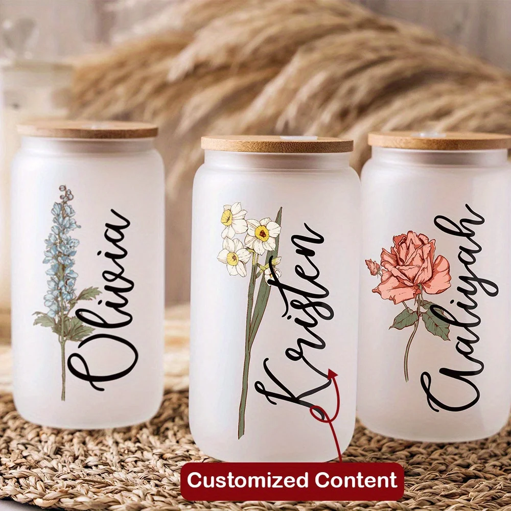 Gobelet en verre personnalisé avec nom et fleur de naissance, couvercle en bambou et paille, Tasse à café glacé florale personnalisée, Cadeau sur mesure