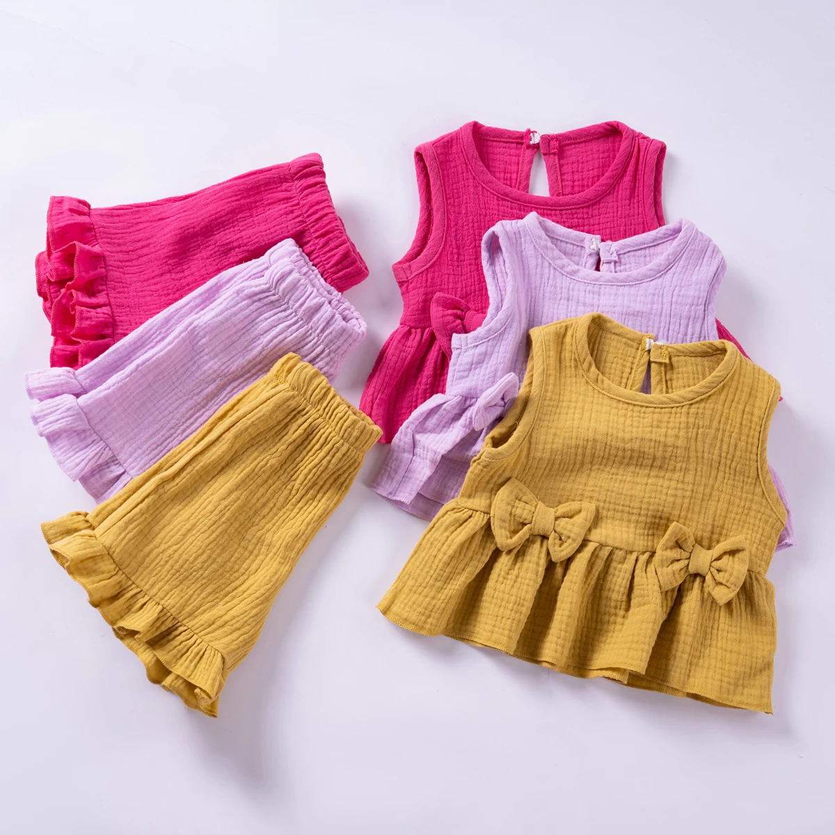 2PCS Summer Toddler Girls Cotton Ruffle Design Solid Colour Fashion Sleeveless Bow Tank Top Shorts Set Sweet Cute