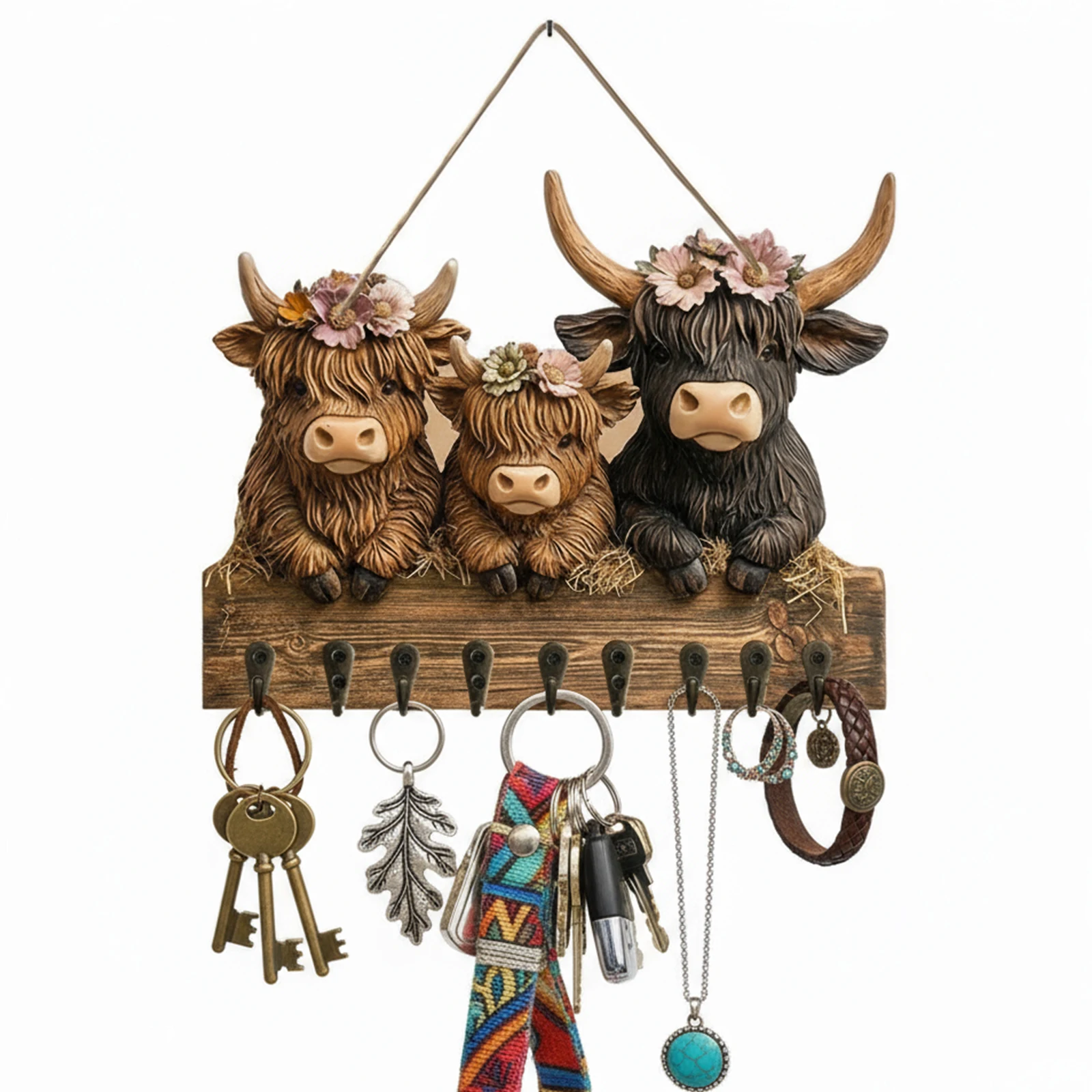 2D Flat Rustic Animal Wooden Hanging Ornament with 4 Hooks Wall-Mounted Organizer Coat Hanger for Entryway Hallway Farmhouse