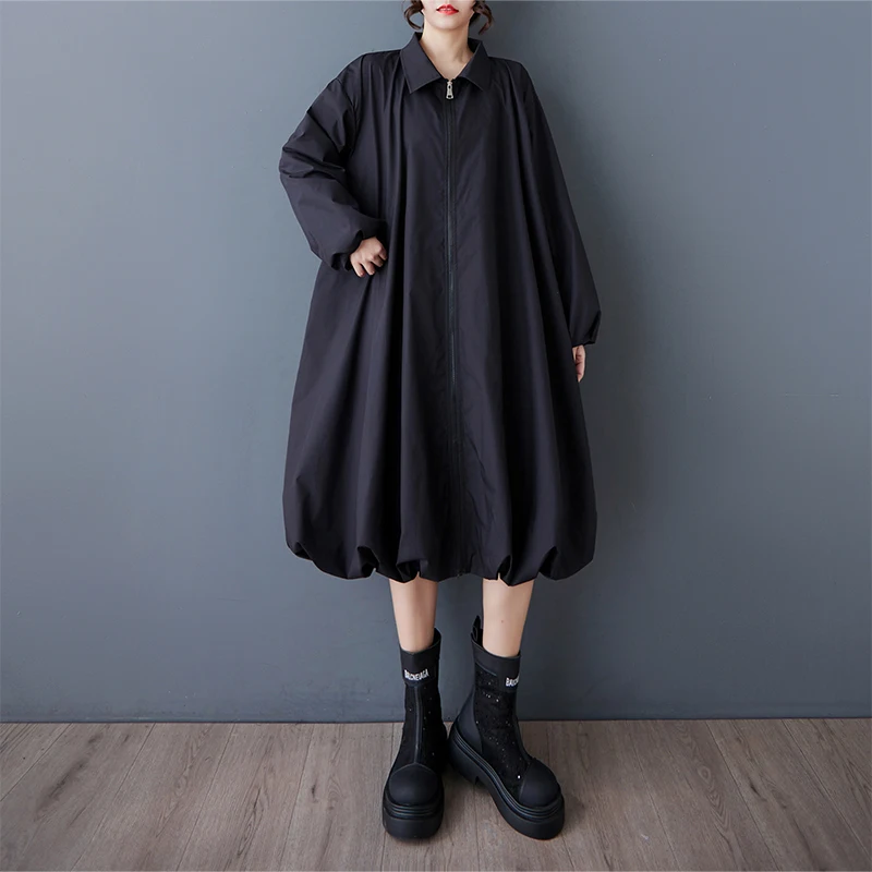 فستان ميدي فضفاض بأكمام واسعة وخصر مرن، فستان طويل الأكمام بلون واحد، تنورة على شكل حرف A من مزيج القطن والبوليستر