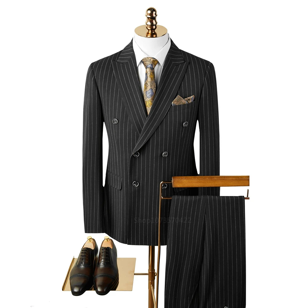 

New Black Striped Men's Suit Homme Slim Fit Business Peak Lapel Double Breasted Jacket Suit Pants Wedding Banquet Set of 2 Piece