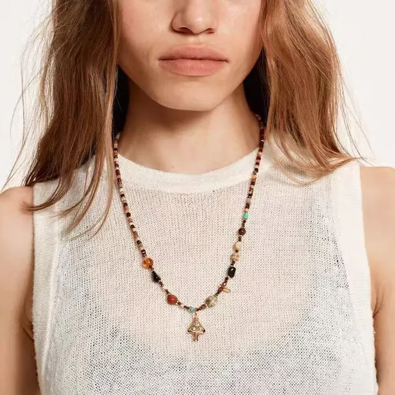 Sunrise Mushroom Stone Beaded Necklace Simple Temperament Sweater Chain Versatile Niche Design Mushroom Beaded Pendant Female