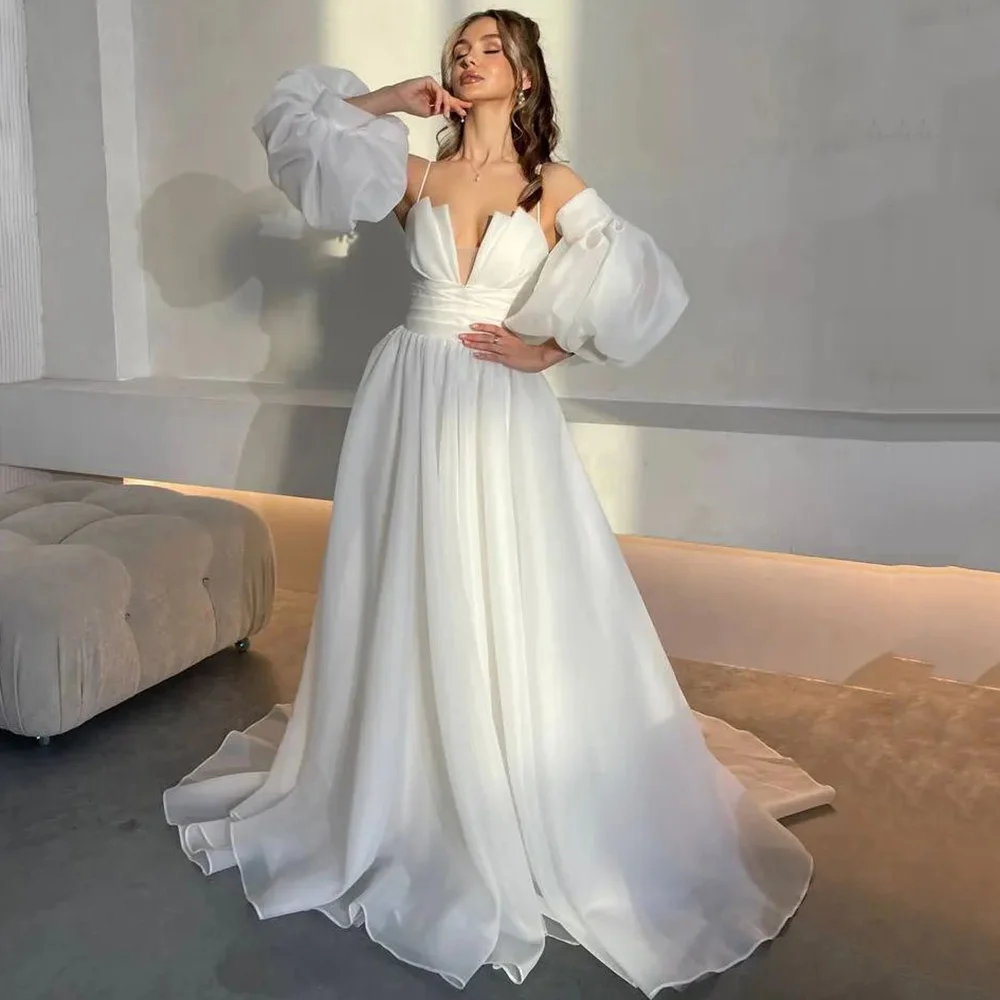 

Organza White Wedding Dresses 2022 Vestido de Noivas Puff Detachable Sleeve Bride Dress Pleated Spaghetti Straps Wedding Gowns