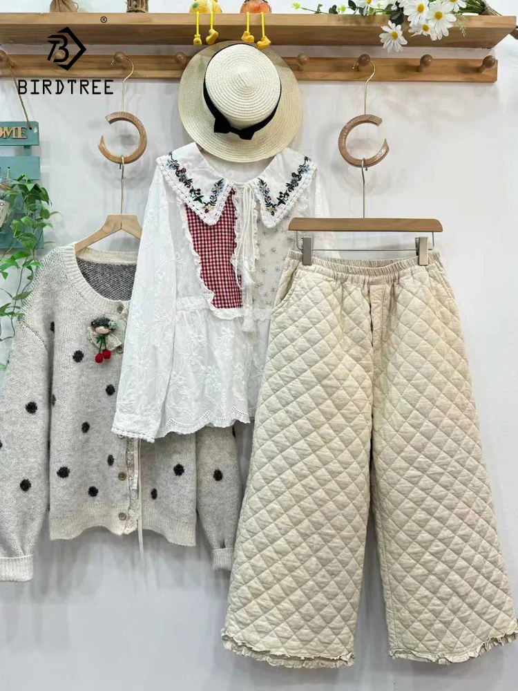 신상품 2025 겨울용 면 패딩 와이드 팬츠, 여성용 신축성 있는 허리 다이아몬드 그리드, 모리 걸 레트로 캐주얼 두꺼운 바지 B5D857CC