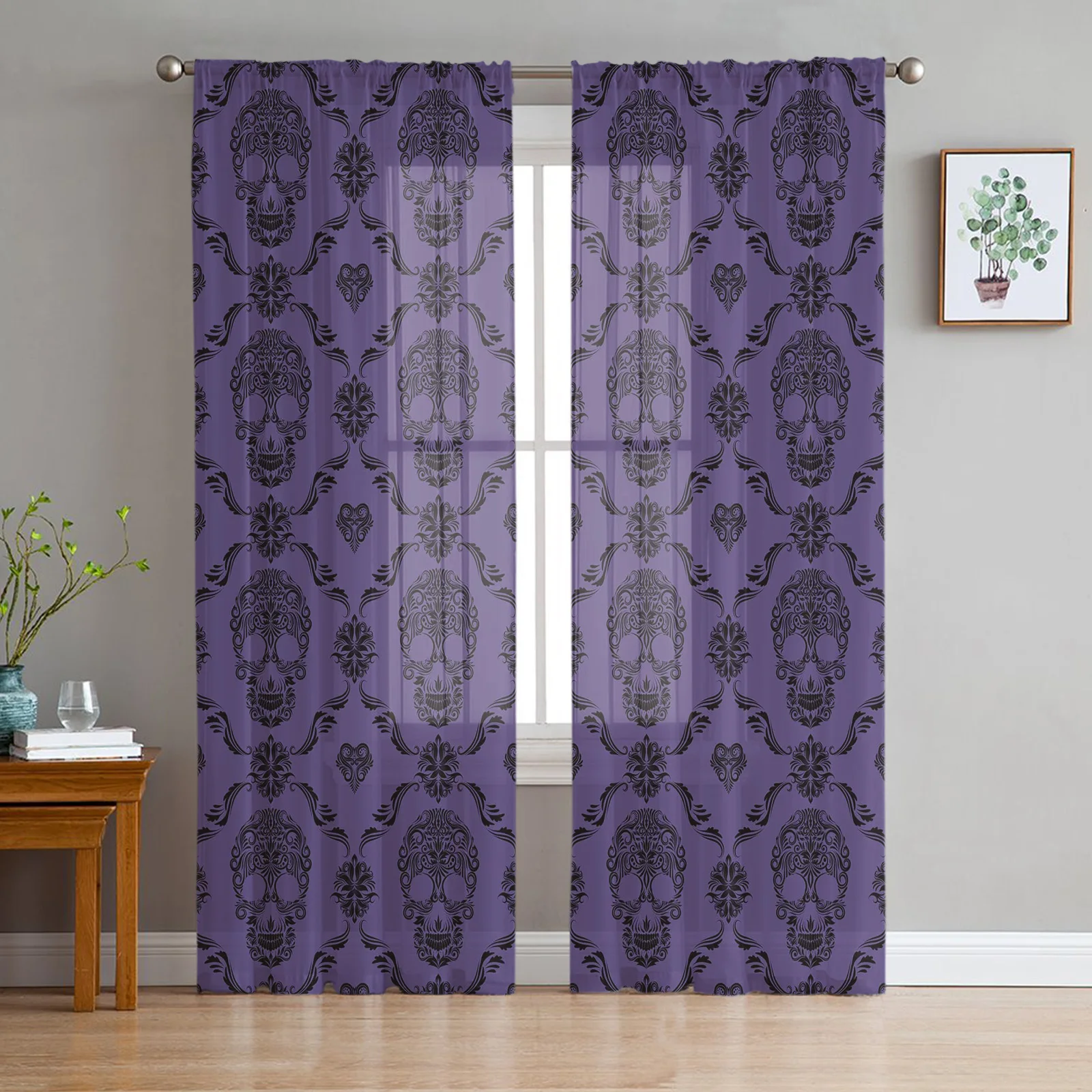 Skull Purple Sheer Curtains for Living Room Decoration Window Curtains for Kitchen Tulle Voile Organza Curtains