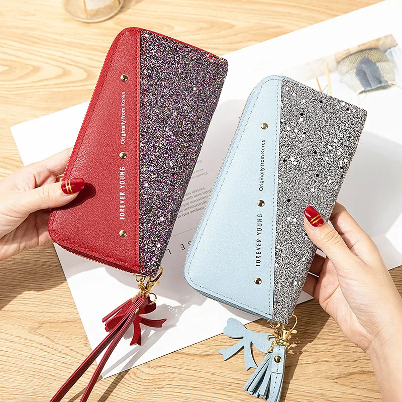 

Long Ladies Sequin Zipper Wallet Stitching Contrast Color Tassel Coin Purse All-match Mobile Phone Bag Wristband Clutch Card