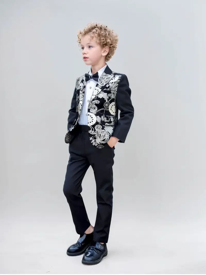 

От 1 до 11 лет, комплект из 3 предметов для мальчиков с цветочным узором, куртка, брюки, свадебный костюм с галстуком-бабочкой, школьный детский костюм для выступлений на фортепиано, детский блейзер