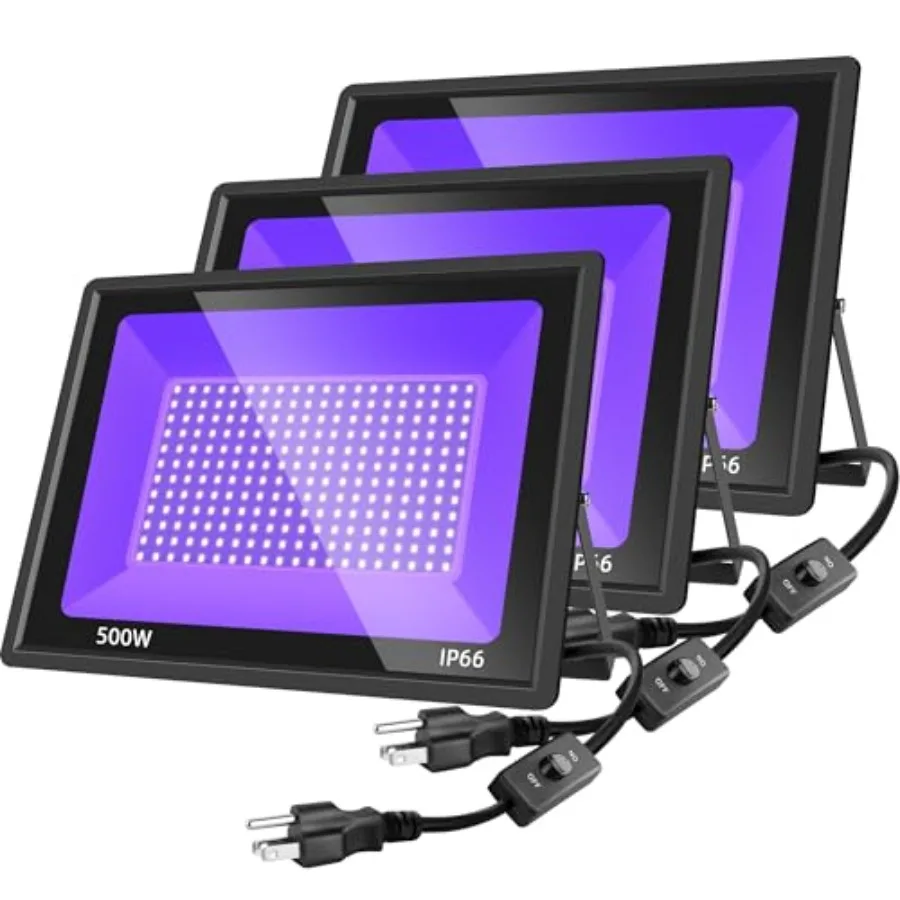 Halloween Party, Stage Light, Body Paint: 3Pack 500W LED Black Lights, Blacklight Flood Light with Plug Switch, IP66 Outdoor Wa