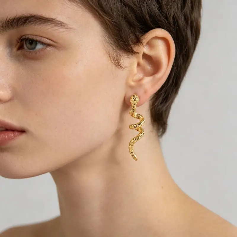 Gold Plated Snake Dangle Earrings Unique Textured Surface Hypoallergenic Posts Cute Christmas Gift for Sisters