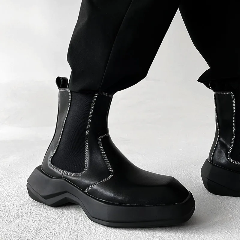 

men casual hip hop rock chelsea boots designer square toe shoes cowboy platform boot handsome original leather ankle botas mans