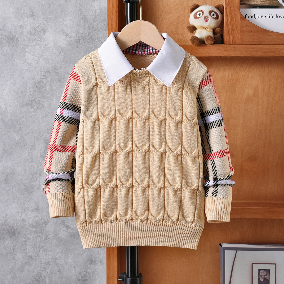 Boys' College Style Sweater Fake Two Fried Dough Twists Knitted Pullovers Suitable for School Daily Spring Autumn Winter
