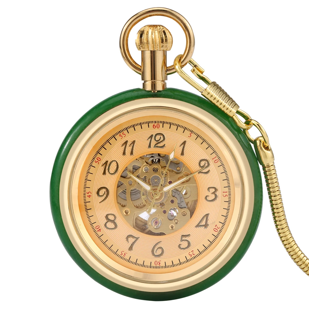 

Luxury Green Jade Automatic Mechanical Pocket Watch Men's Pendant Clock Open Face Arabic Numerals Dial Snake Type Pocket Chain