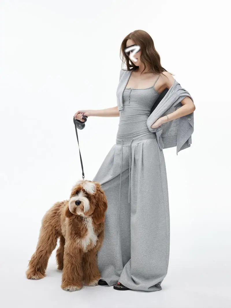 Fashionable Casual Camisole Set For Women, Featuring A Deep U-Neck Open Top Camisole And Loose Floor Pants, Two Piece Set
