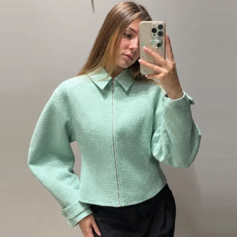 Green Crop Mint Tweed Blazer Women's Blazer Autumn 2026 Office Style Fitted Zip-Up Long Sleeve Jacket Chic And Elegant Suit