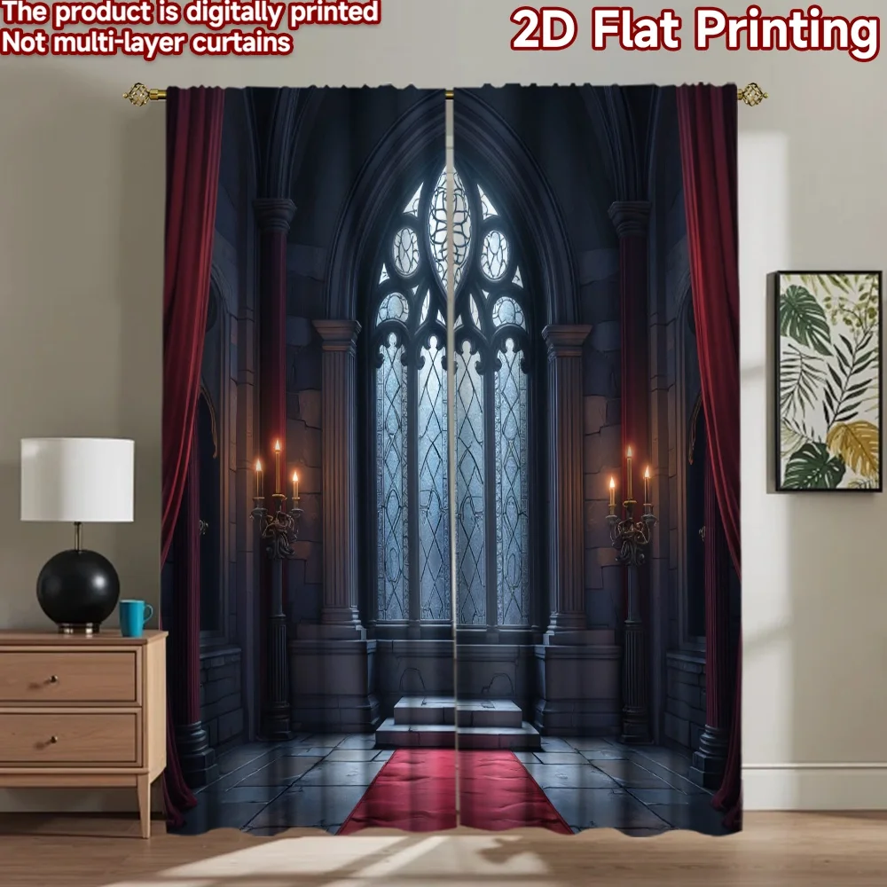 2D flat 2pcs Curtain Retro Country Style Gothic Hall Digitally printed polyester Birthday Party Use for Holiday Portraits and