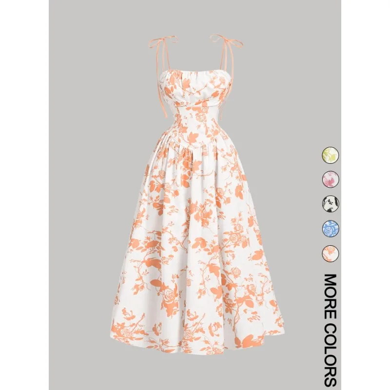 Retro Style Floral Print Bandeau Dress Butterfly Knot Strapless Knee-Length Polyester Fiber Empire Waist Cross-Border New Model