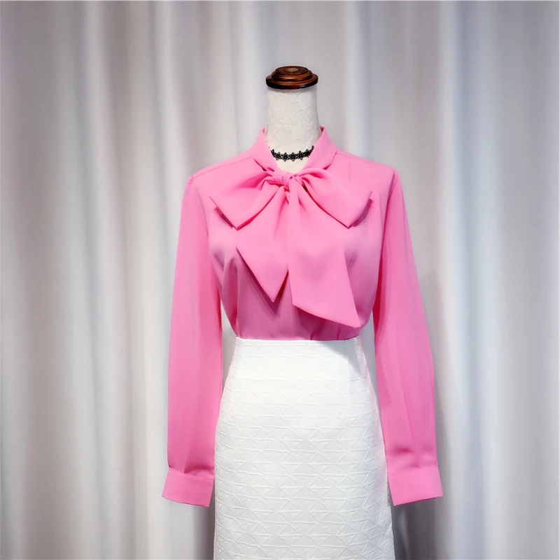 

Women's Pink Chiffon Bow Neck Blouse, Long-Sleeved, Slim, Solid, Office Lady, Elegant Outwear, Summer, New