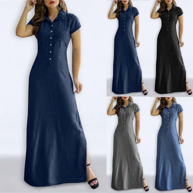 

2023 New Long Shirt Collar Split Pocket Swing Dress Large Casual Denim Dress Stylish Solid Color Long Dress