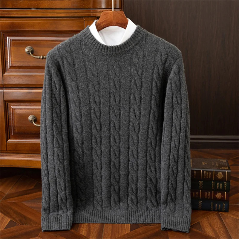 24 Autumn/Winter New Arrivals 100% Pure Cashmere Sweater Men's Round Neck Double Strand Thickened Twisted Flower Swe Loose Warm